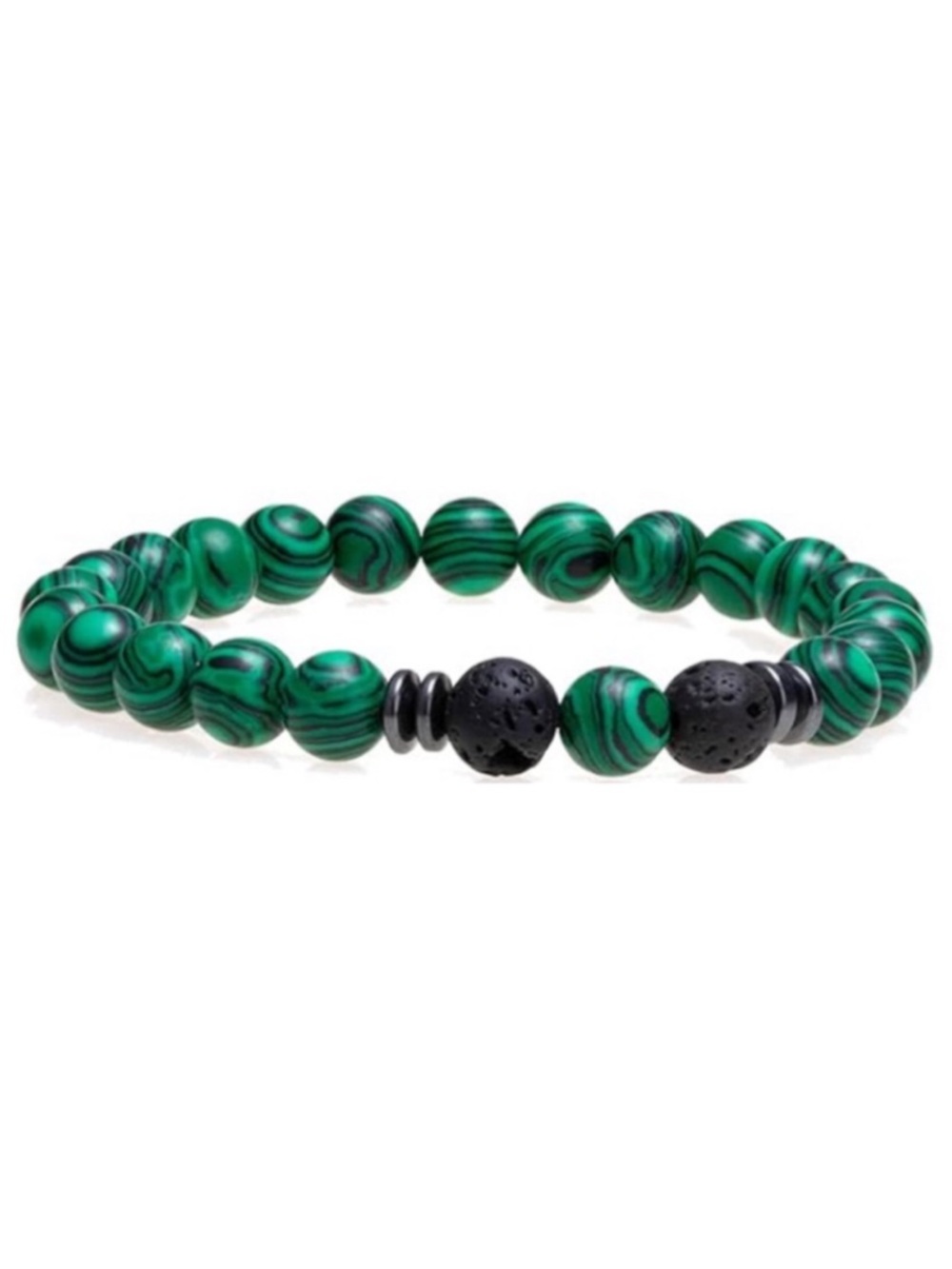 Green Banded Stone & Lava Bead Bracelet | Malachite Style | Stretch Unisex